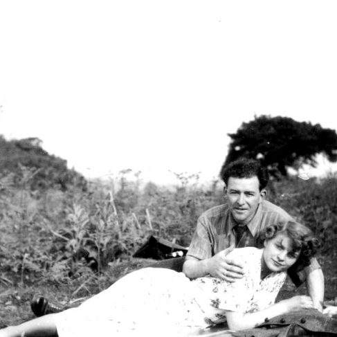 RT025  Doug & Edith on a hill near Flaxley Abbey, 27 May 1951. (Doug and possibly Edith worked at F&P).  | The Ralph Tucker Collection