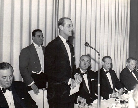 Left to right F J Fielding, HRH Duke of Edinburgh, Jim Scott (Russian Ambassador) and assorted guests. Savoy Hotel, London, 1956. | Andrew J.L. Fielding.
