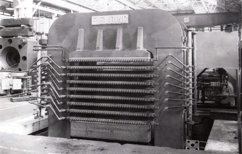 2100 ton Multi-Daylight Platen Press, taken during assembly and on site, O/No. 3260, c.1951