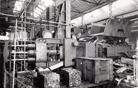 Triple-Compression Scrap Baler, with baled scrap, on test at assembly and on site, O/No. 6330, c.1955