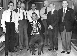 Fielding & Platt Skittles Team c.1950. L to R: ? ; Bill Hoult (rear); Percy Taylor; Cyril Hurcombe (rear); ? (cupholder) ; Albert Jenkins; ? ; Terry Dix. | from the Bonita Gadd collection