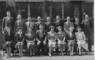 Costing and Accounts Dept. Back row  Pete Morgan, John Jones, Bert Gillespie, Fred Collingbourne, Mr Evans, Doug White, Ernie Gillespie, Bill Rich, Harold Beard. Front row Pat Greening, Dorothy Gill, Shirley Wyatt, Jack Baker, Pauline Green, ELSIE, Dorothy Johnson, Jean Soutter.