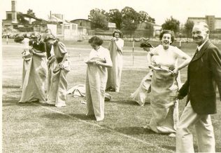 This photograph was taken at a Fielding & Platt Sports Day Sack Race.  Reading L to R: Marjorie Trueman, Jean Hebberd, Mollie Parker, Jean Aitken, Lori Pickard and Bill Thomas.