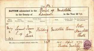 Samuel Fielding's baptism certificate | Courtesy of Phillipa Edwards