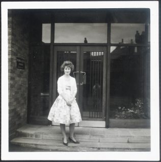 Joy at the front door to Fielding & Platt in 1961